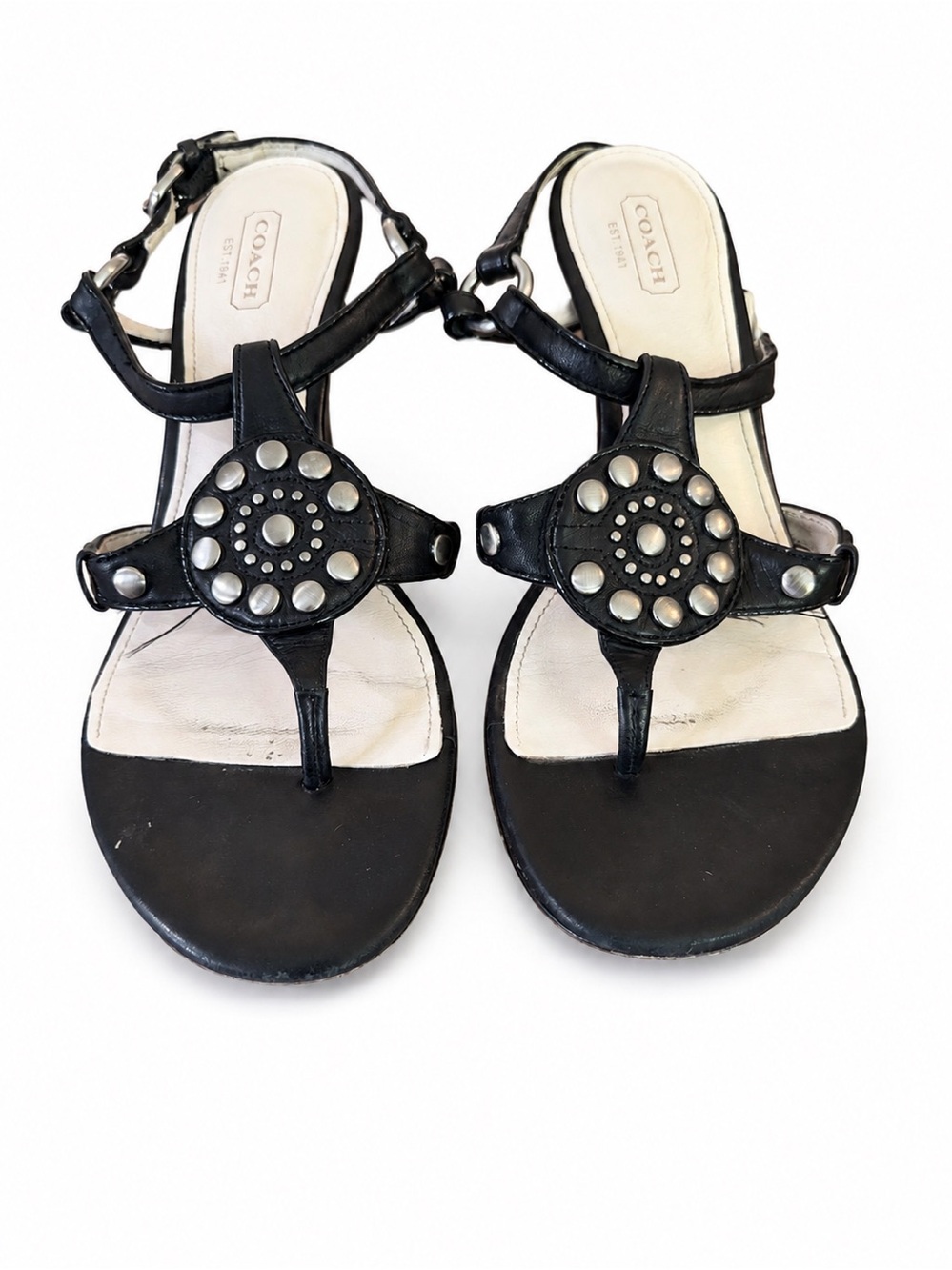 Coach Black Leather Studded T-Strap Sandals